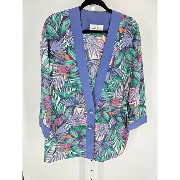 Vintage 1980s Womens Sz L Satin Blazer Jacket Pastel Palm Print by Sarah Johnson - Picture 1 of 4